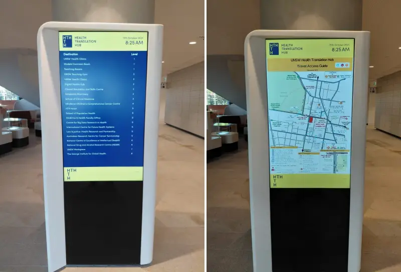 Digital directory and interactive map displays at the Health Translation Hub