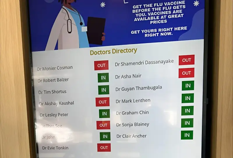 Digital doctor directory and information screen at Broadway Medical Centre